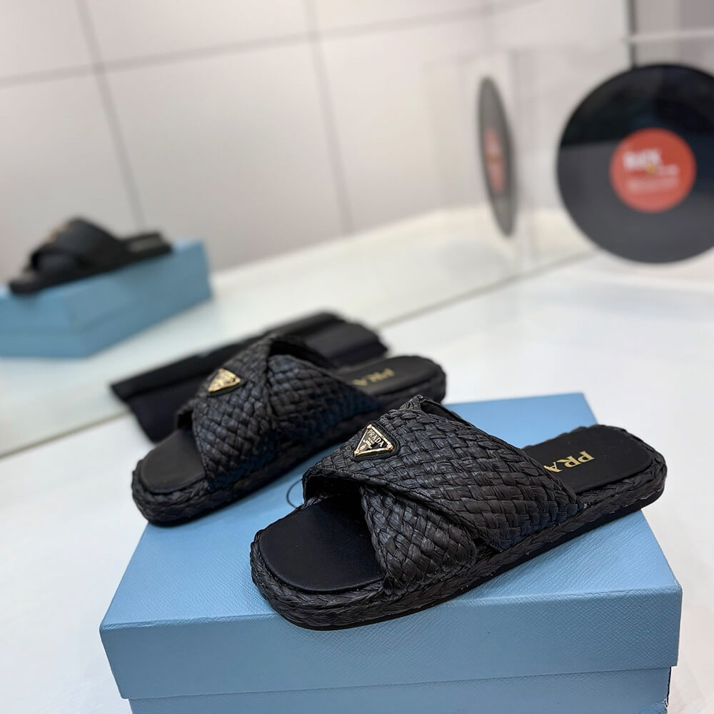 Prada Raffia crisscross slides